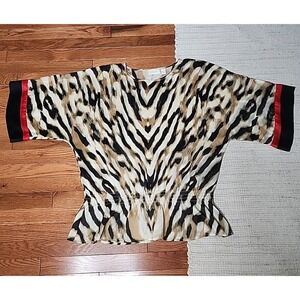 Chicos Sheer Blouse XL Animal Print Dolman Sleeve Peplum Pullover Top Mob Wife